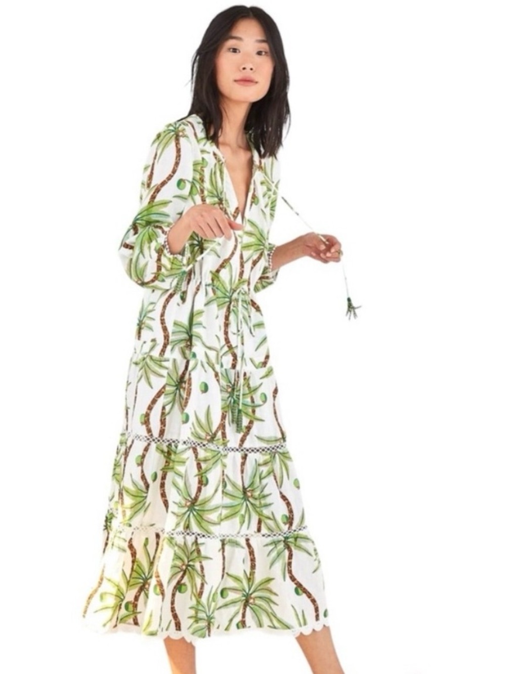 FARM Rio White Maxi Dress with Green Palm Print